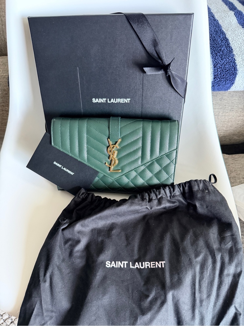 Saint Laurent Green Quilted Chevron Leather Wallet with Gold YSL Logo